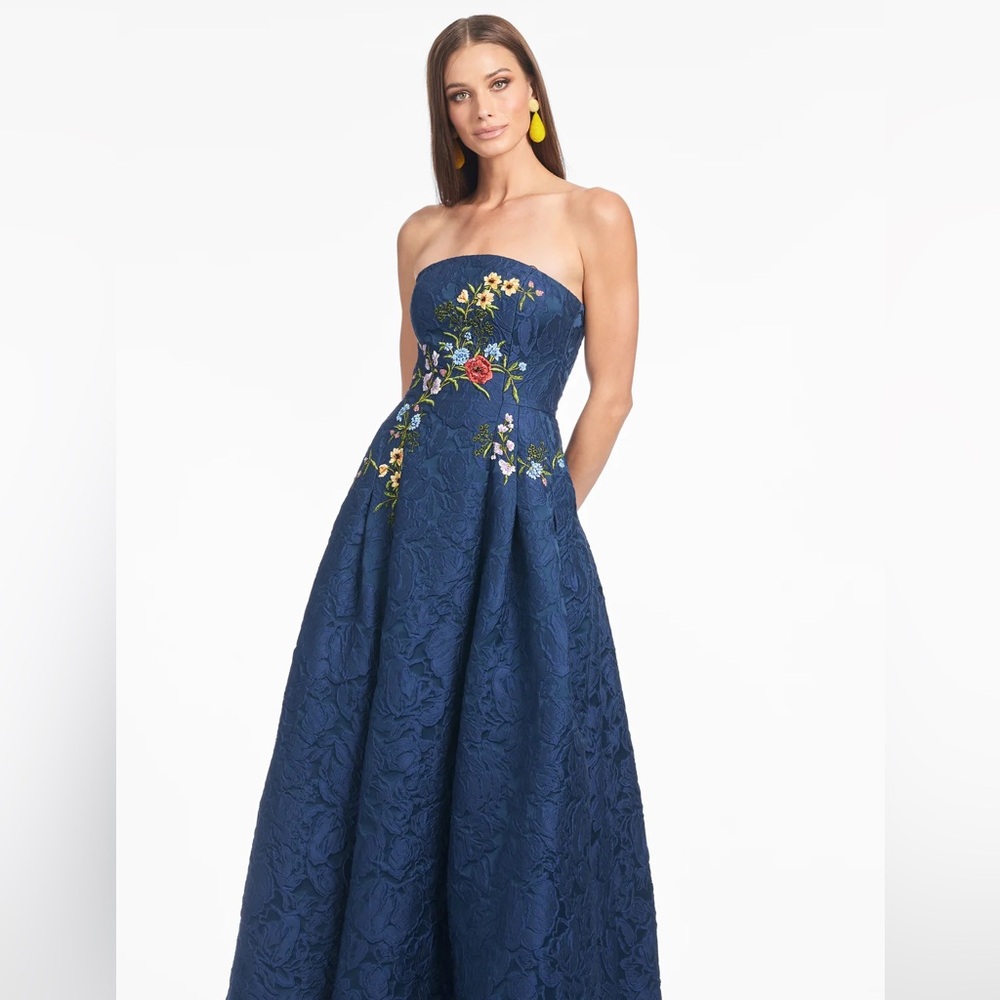 Sachin + Babi Navy Strapless Gown with Colorful Embroidery - Picture 3 of 12
